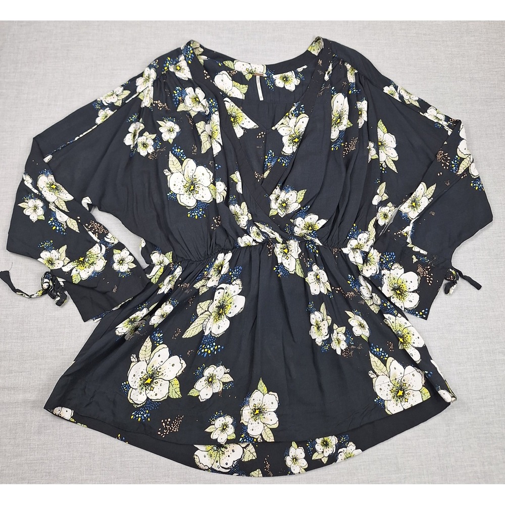 Free People Womens Black Floral Surplice V-Neck Dolman Sleeve Blouse Size L